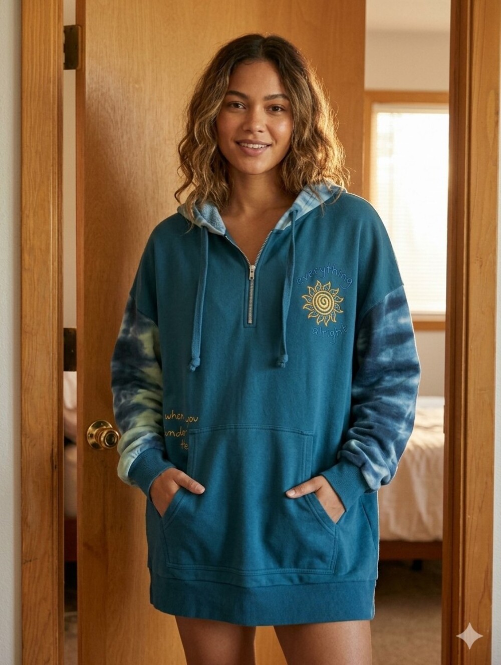 Urban Outfitters Oversized Hoodie Teal Green Tie Dye Womens Embroidered Sun L/XL